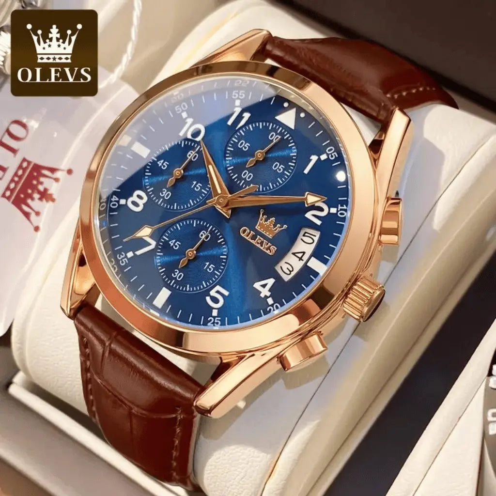 Olevs Montre Homme Bracelet en Cuir Rennes | Brun et Bleue