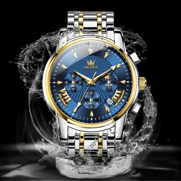 Olevs Montre Homme Chronographe Biarritz | Bleue et Doré