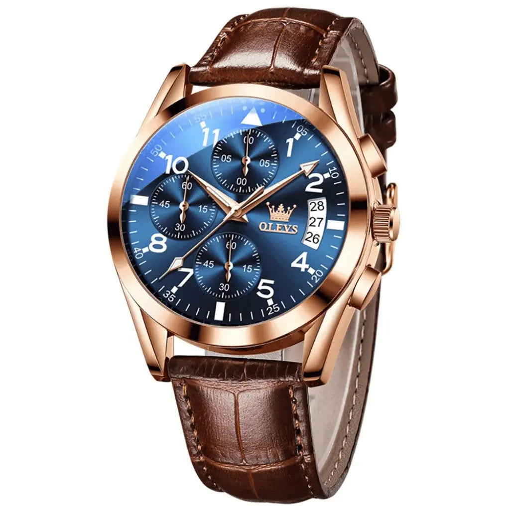 Olevs Montre Homme Bracelet en Cuir Rennes | Brun et Bleue